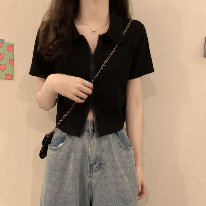 Kvinner Cropped Polo Shirt med Glidelås og Strukturert Finish Skjora