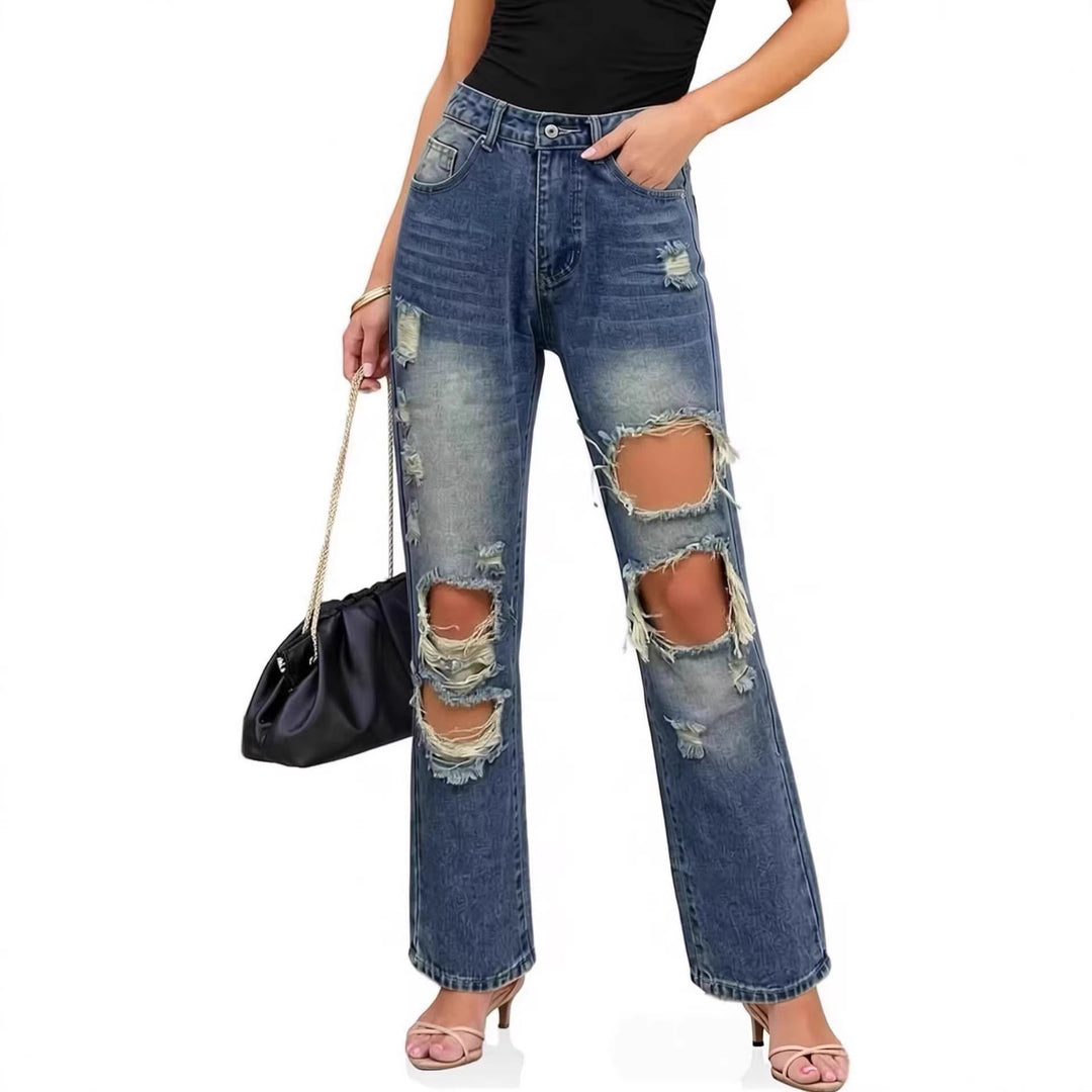 Dame casual Destroyed Jeans med bred ben og trendy revnedetaljer Skjora