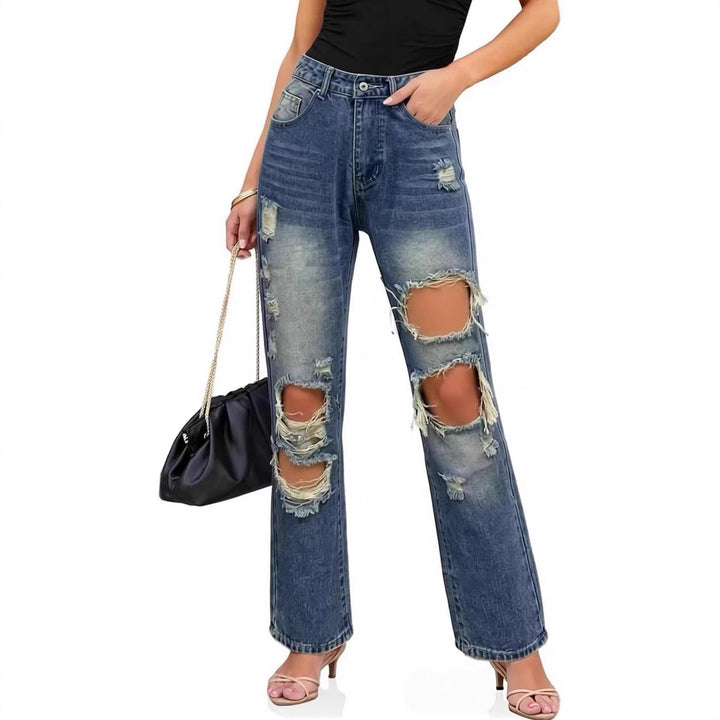 Dame casual Destroyed Jeans med bred ben og trendy revnedetaljer Skjora