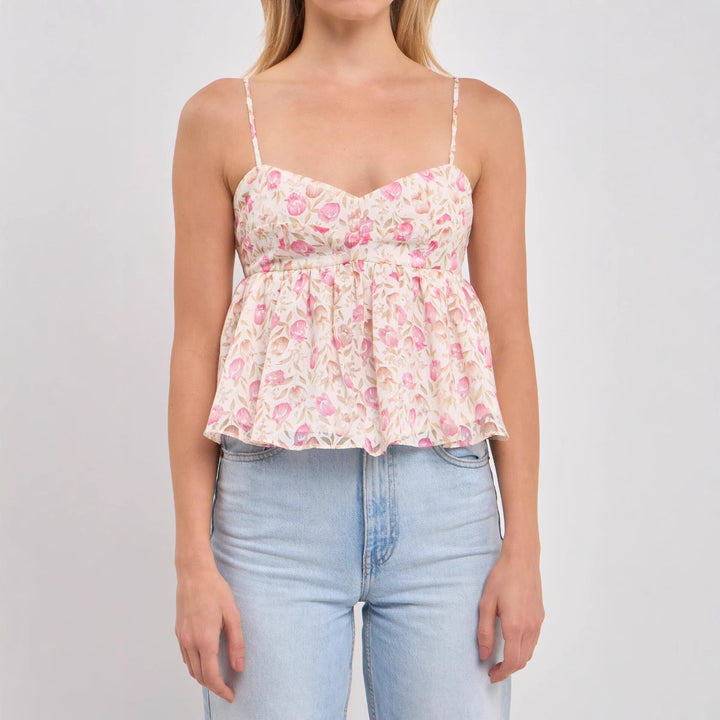 Damer Peplum-top med blomsterprint og delikate spaghetti-stropper Skjora