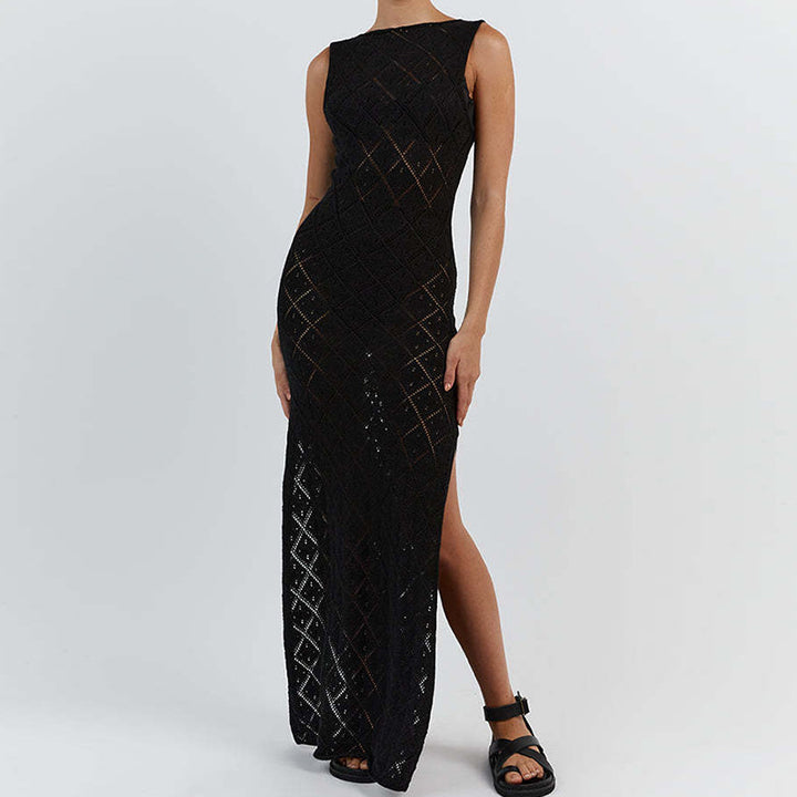 Damen Häkelkleid mit kreativem Rautenmuster und ärmellosem Schnitt Skjora