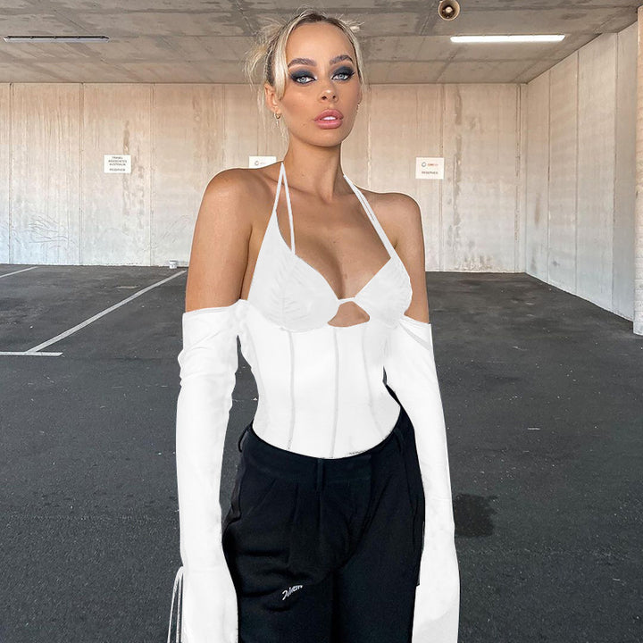 Dame Crop-Top med gjennomsiktig design og raffinerte volangermermer Skjora