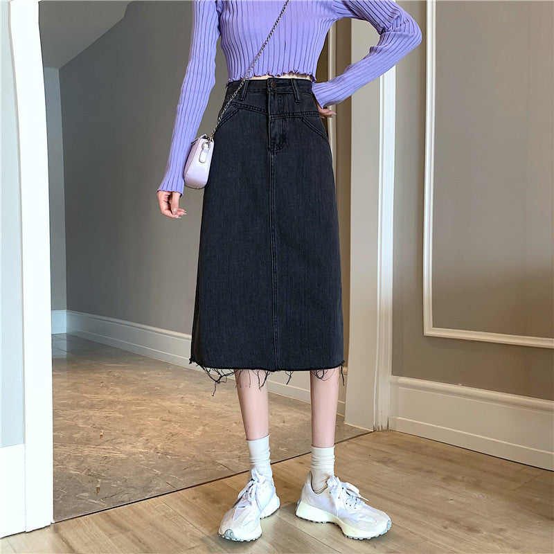Damer Midi Denim skjørt med ujevn kant Skjora