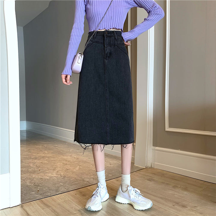 Damer Midi Denim skjørt med ujevn kant Skjora