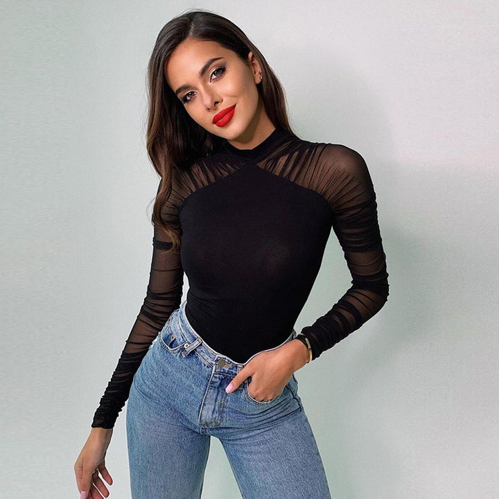 Dame Body med transparente ermer og moderne ståkrage Skjora