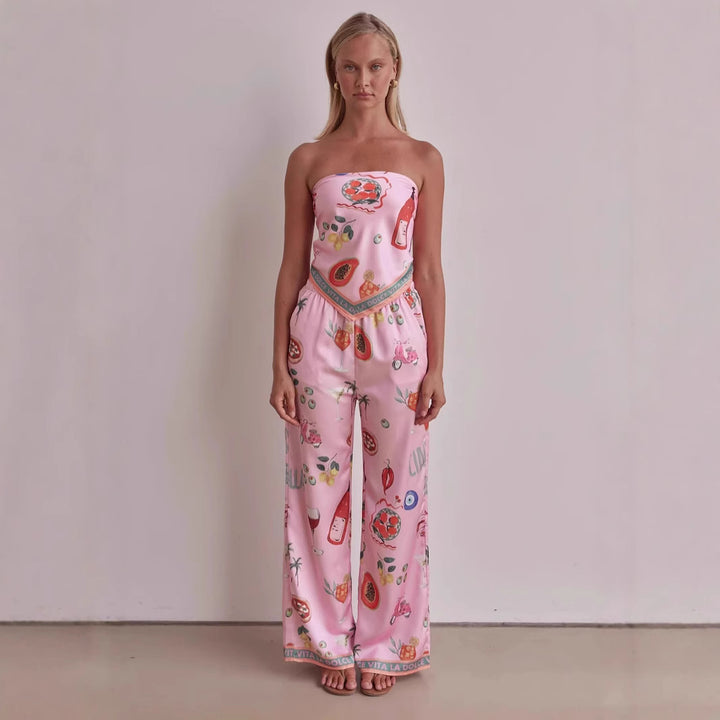 Kvinnens jumpsuit med lekne tropiske mønstre og elastisk topp Skjora