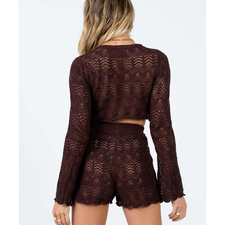 Dame elegant strikket crop-top og shorts sett Skjora