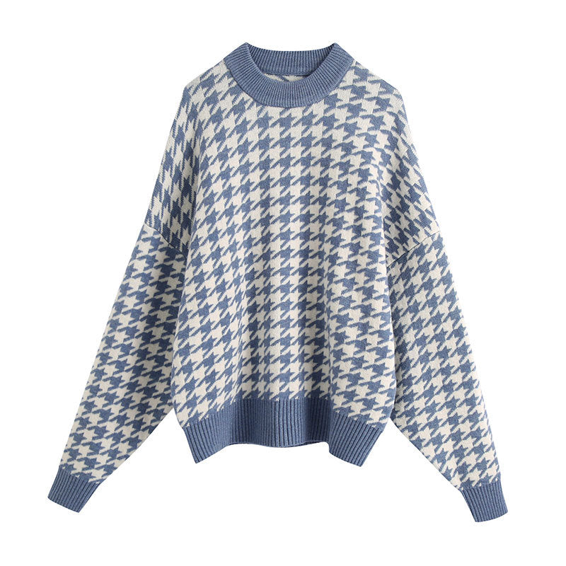 Dames oversized strikkegenser med moderne houndstooth-mønster og avslappet passform Skjora