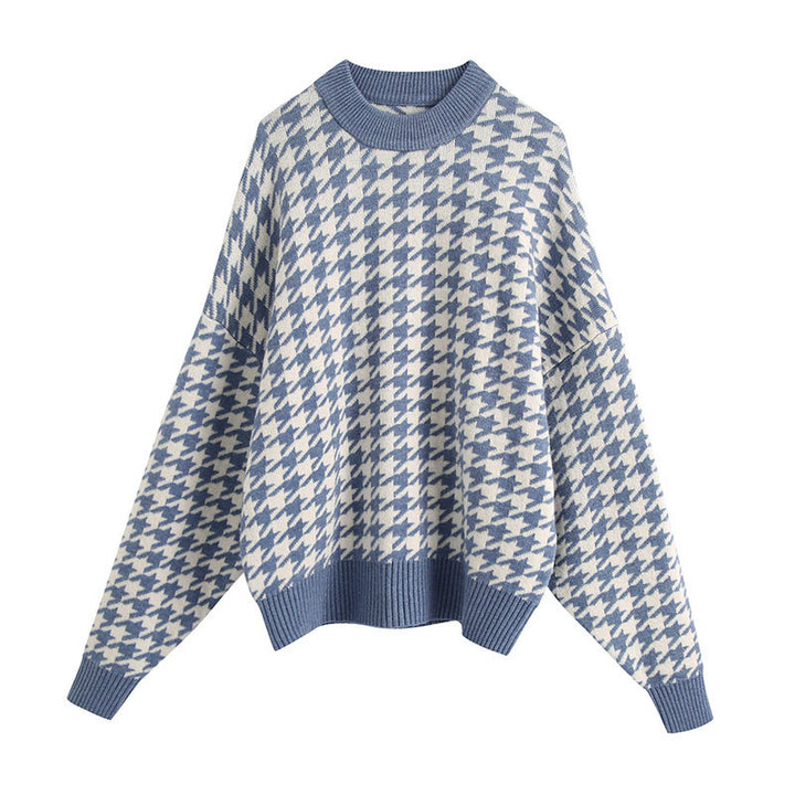 Dames oversized strikkegenser med moderne houndstooth-mønster og avslappet passform Skjora