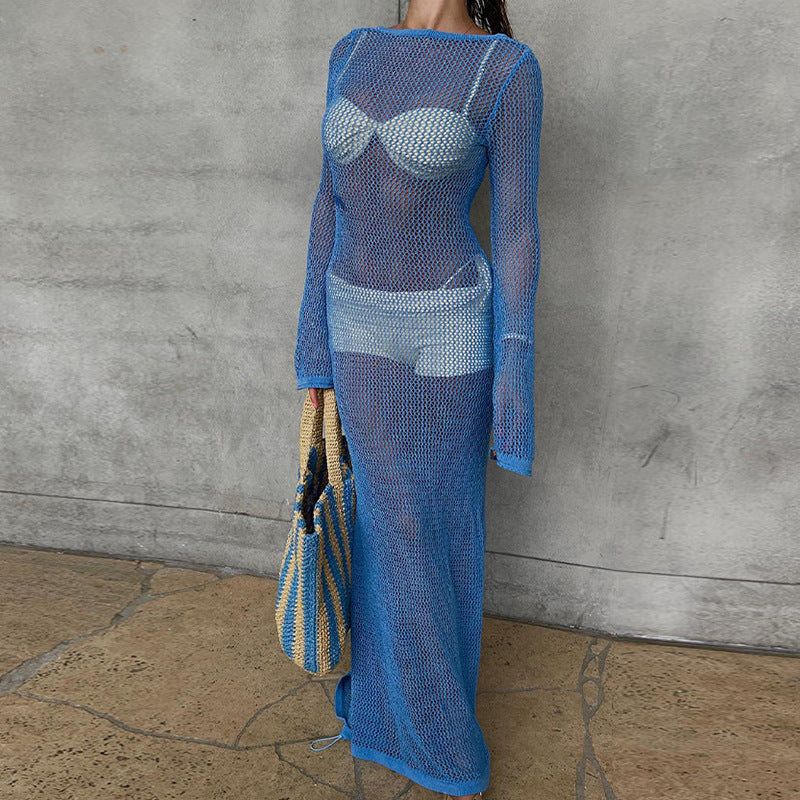 Damen Häkel-Strandmaxikleid mit weitem Schnitt und eleganten Glockenärmeln Skjora