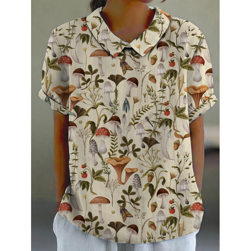 Dame kortermet bluse med florale accenter og klassisk krage Skjora