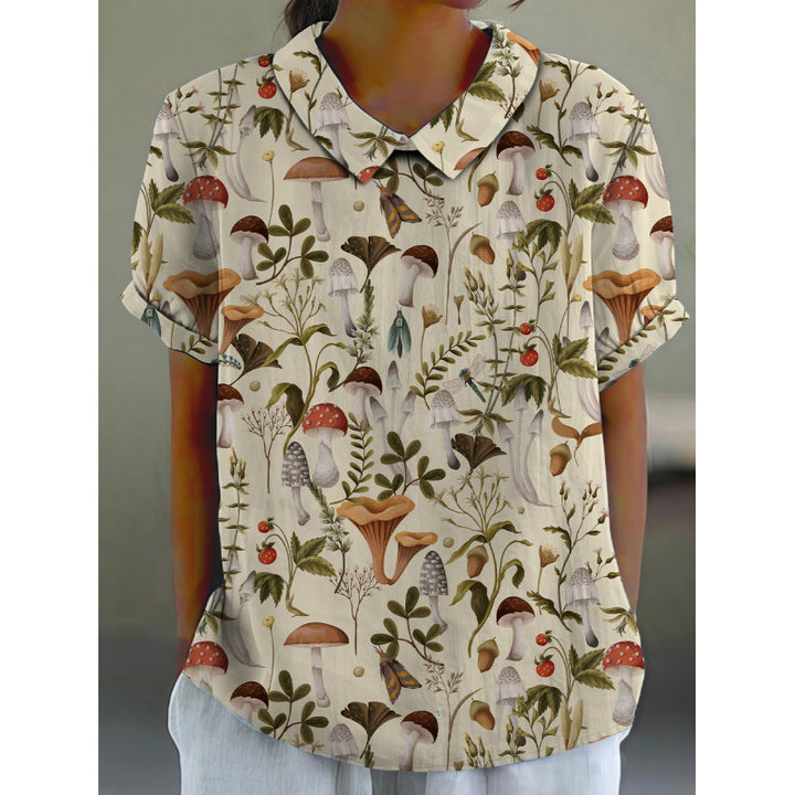 Dame kortermet bluse med florale accenter og klassisk krage Skjora