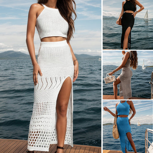 Damen gehäkeltes Maxi-Rock-Outfit mit femininen Schlitzdetails und cropped Oberteil Skjora