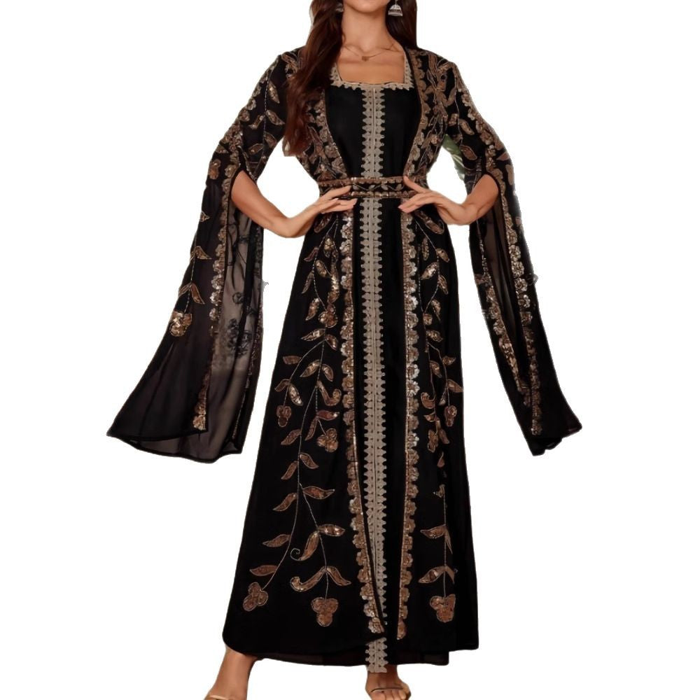 Kvinne Elegant Kaftan Kjole med Utsøkt Broderi og Flytende Snitt
