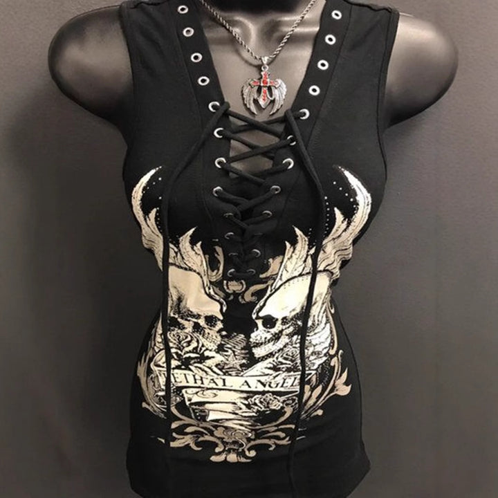 Dame Rockabilly Kjole med snøring og grafisk print Skjora