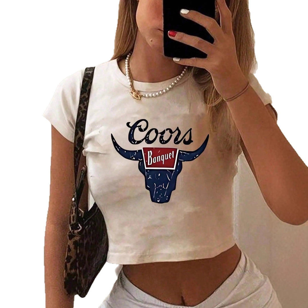 Dame Crop-Top med kreativt ku-motiv og figurnær passform Skjora