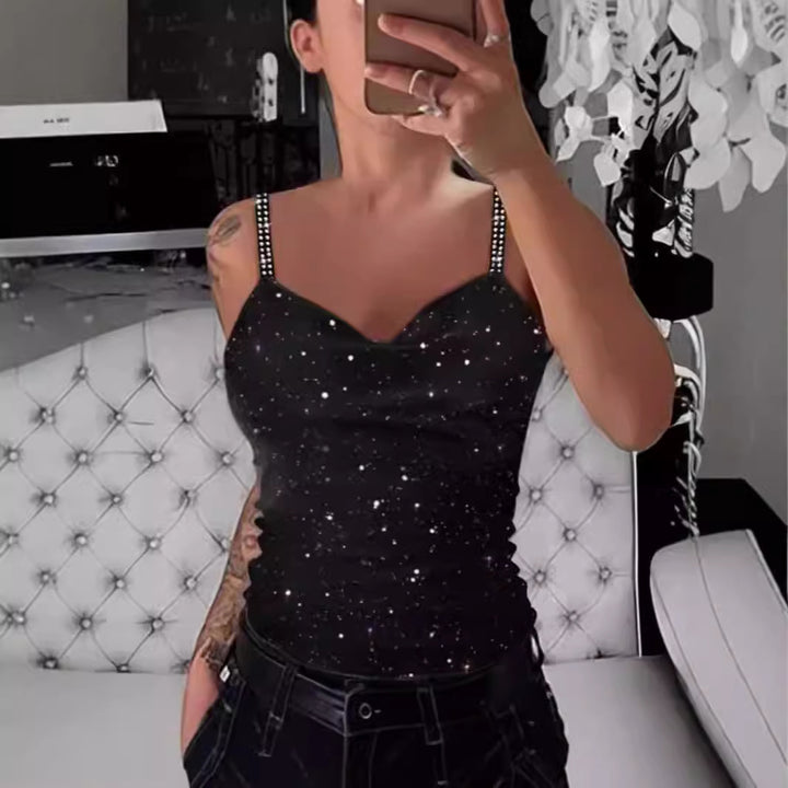 Damer Elegant Spagettistrop Top med Glitterdetaljer Skjora