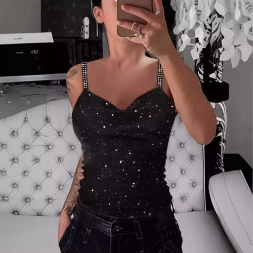 Damer Elegant Spagettistrop Top med Glitterdetaljer Skjora