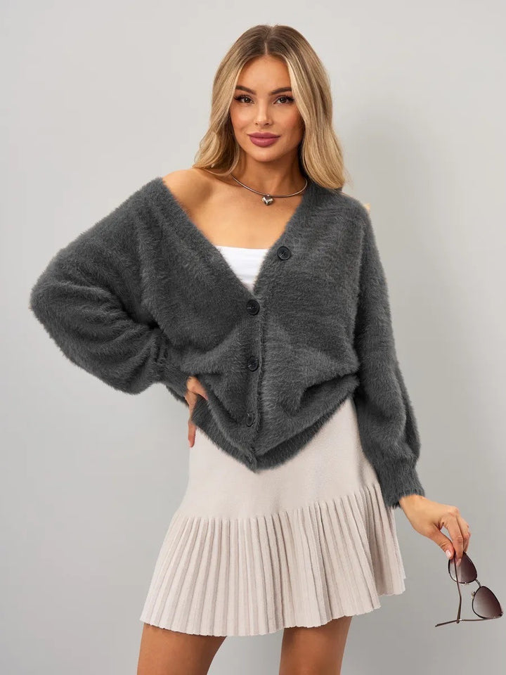 Damer Fluffy Cardigan med Dyp V-Utringning og Knapp Detaljer Skjora