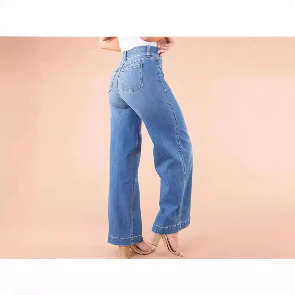 Dame brede høy midje jeans med elegant snitt og markante sømdetaljer Skjora