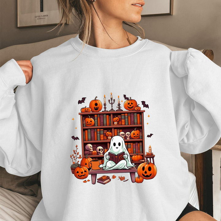 Dame sweatshirt med høstlig skremmende motiv og avslappede puffermarmer Skjora