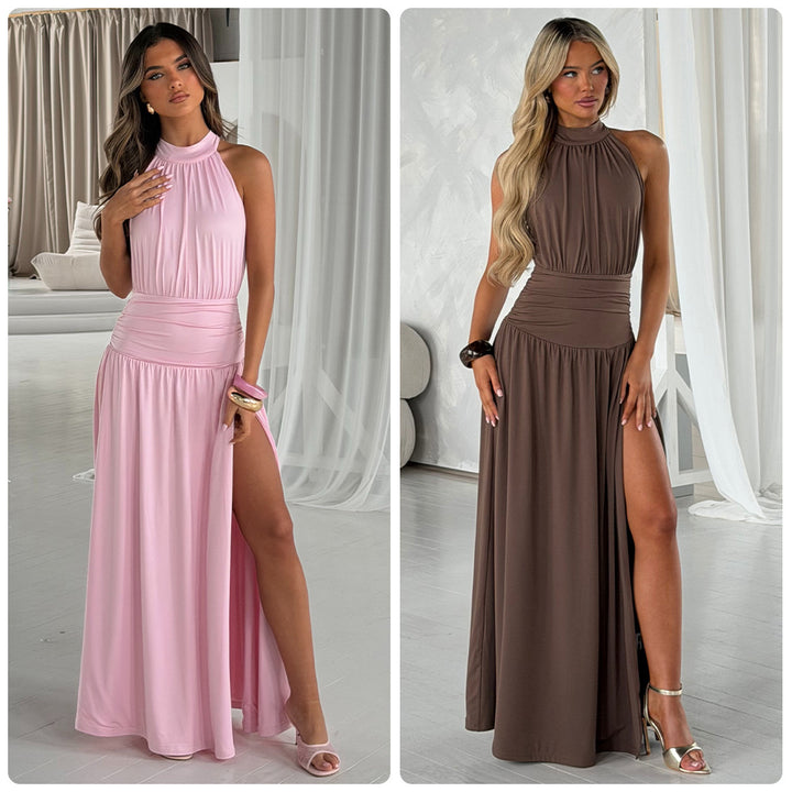 Damer Elegant Maxi Kjole med Glitrende Stoff og Høy Splitt Skjora