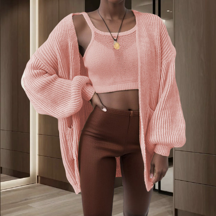 Damer chunky strikket cardigan med voluminøse ermer og praktiske lommer Skjora
