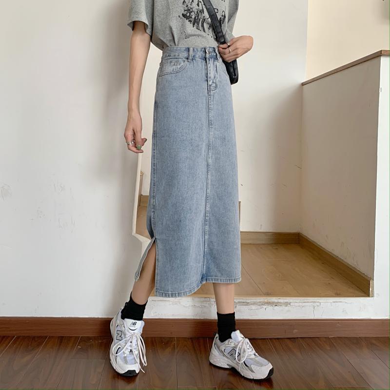 Dame Lang Denim Skjørt med Chic Splitt Skjora