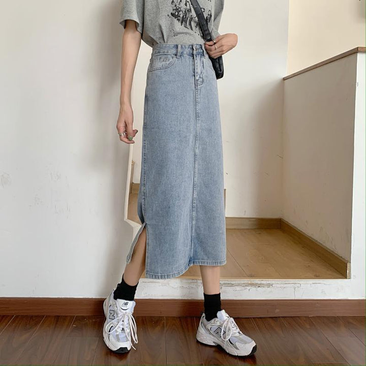 Dame Lang Denim Skjørt med Chic Splitt Skjora
