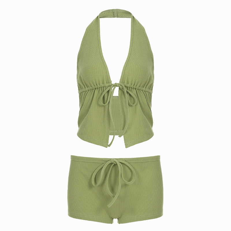 Dame elegant halter-top med fremragende rynkning og korte shorts Skjora