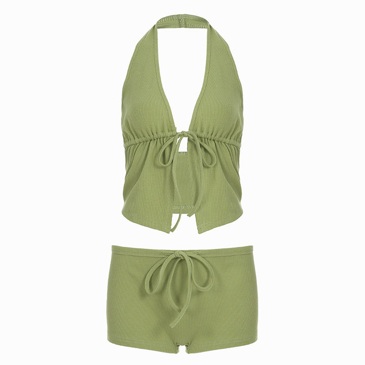 Dame elegant halter-top med fremragende rynkning og korte shorts Skjora