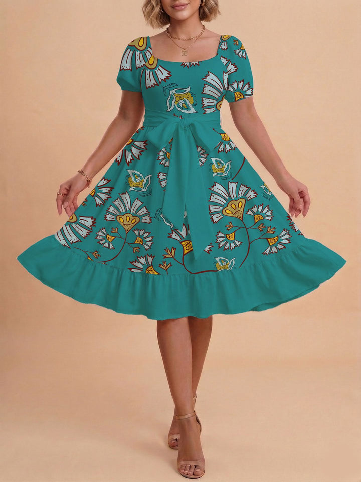 Damen Retro Maxikleid mit Puffärmeln und Taillengürtel Skjora