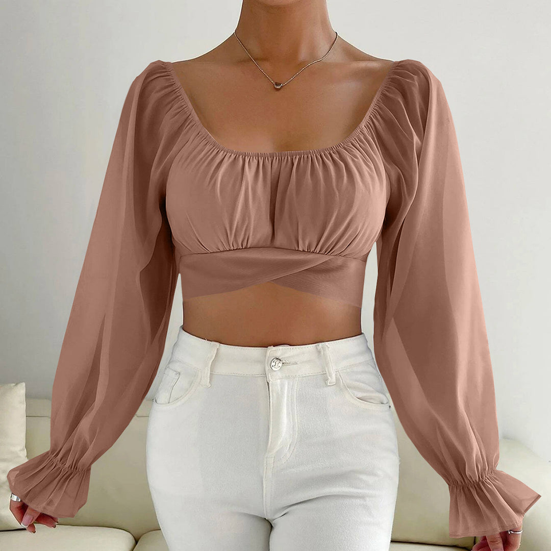 Dame Cropped Bluse med puffede ermer og raffinerte snitt Skjora