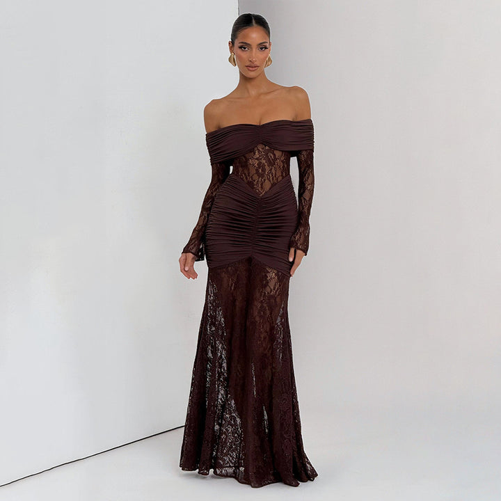 Damer elegant spissenkjole med off-shoulder utringning og rynker Skjora