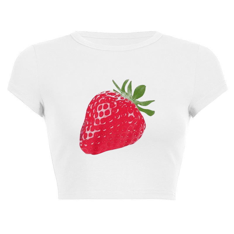 Dame cropped T-skjorte med fruktig jordbærdesign Skjora