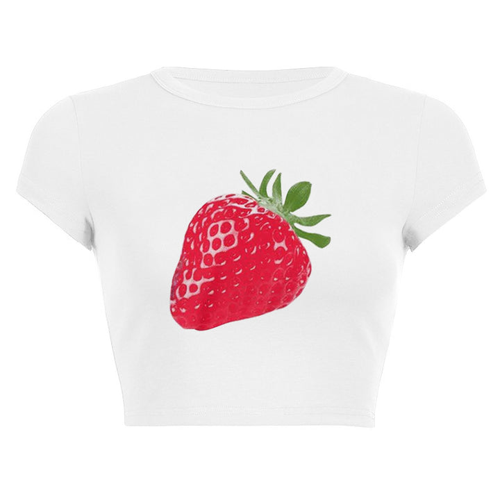 Dame cropped T-skjorte med fruktig jordbærdesign Skjora