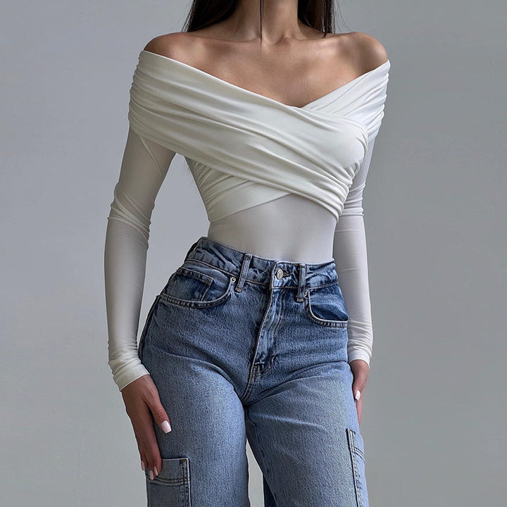 Dame Off-Shoulder topp med raffinert innviklet design og lange ermer Skjora