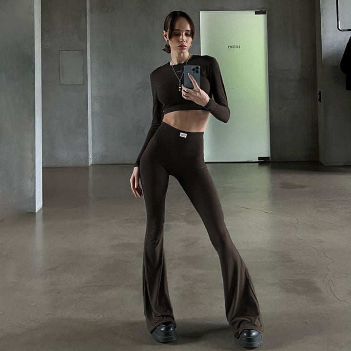 Dame Langerm Cropped Top og Flared Bukser Set Skjora