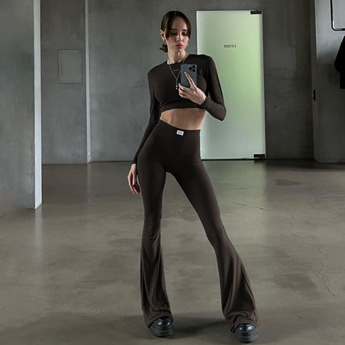 Dame Langerm Cropped Top og Flared Bukser Set Skjora