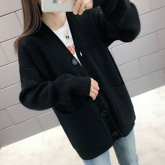 Kvinne Oversized Strikkegenser med Lommer Skjora