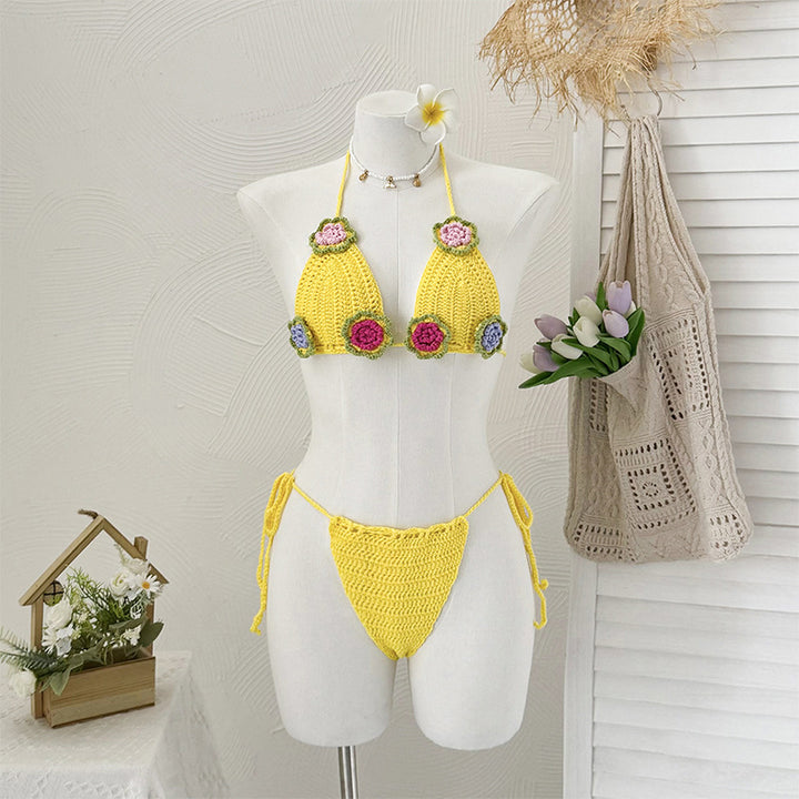 Damen Häkel-Bikini mit verspieltem Blumendesign und verstellbaren Bändern Skjora