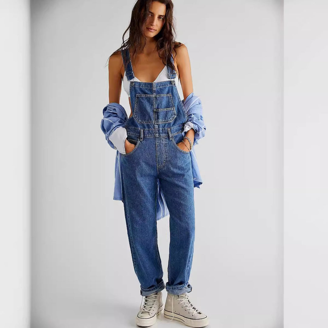 Damer avslappet denim jumpsuit med praktiske lommer og justerbar midje Skjora