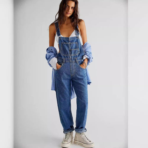 Damer avslappet denim jumpsuit med praktiske lommer og justerbar midje Skjora