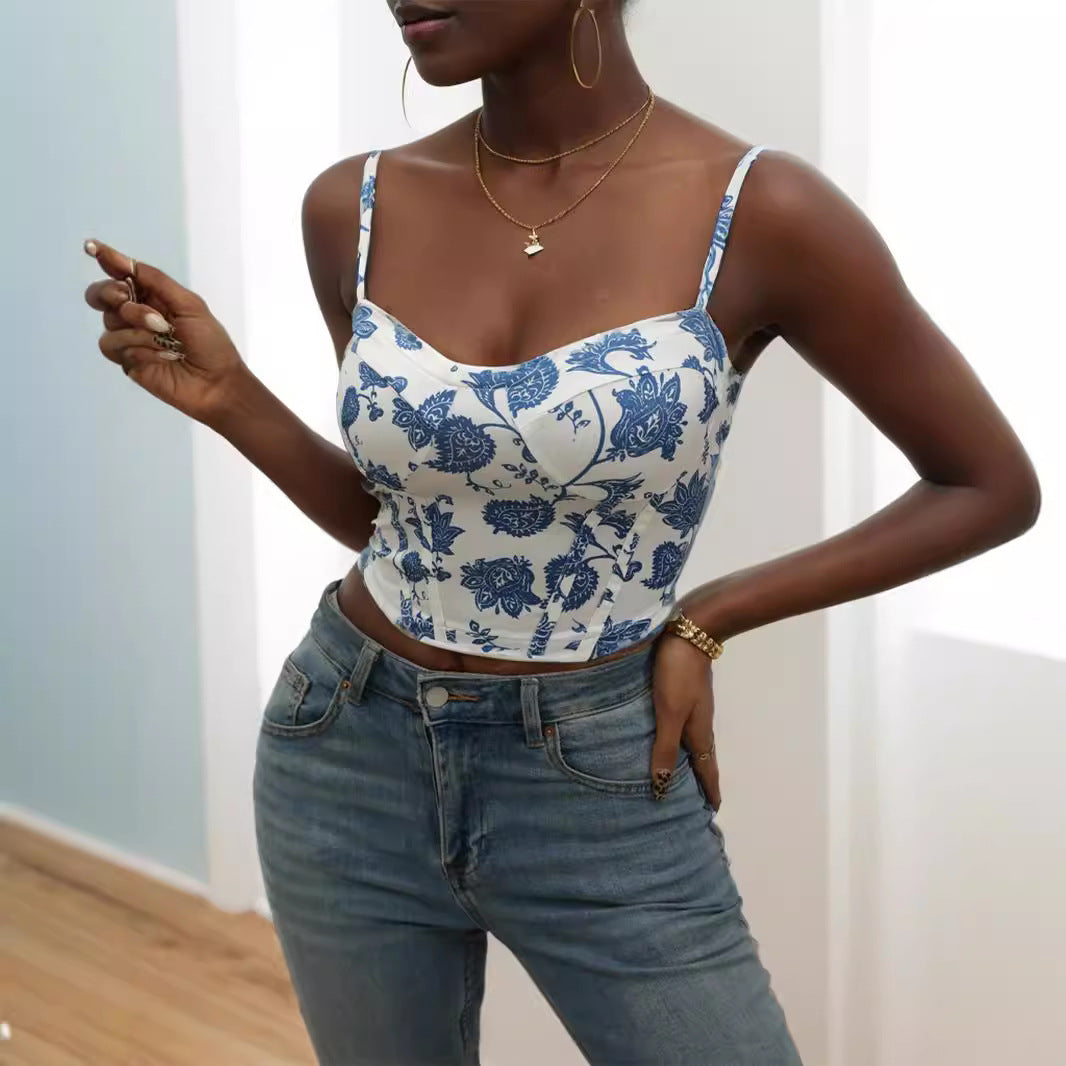 Dame blomster mønster cropped topp Skjora