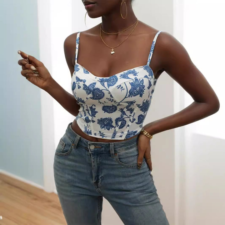 Dame blomster mønster cropped topp Skjora