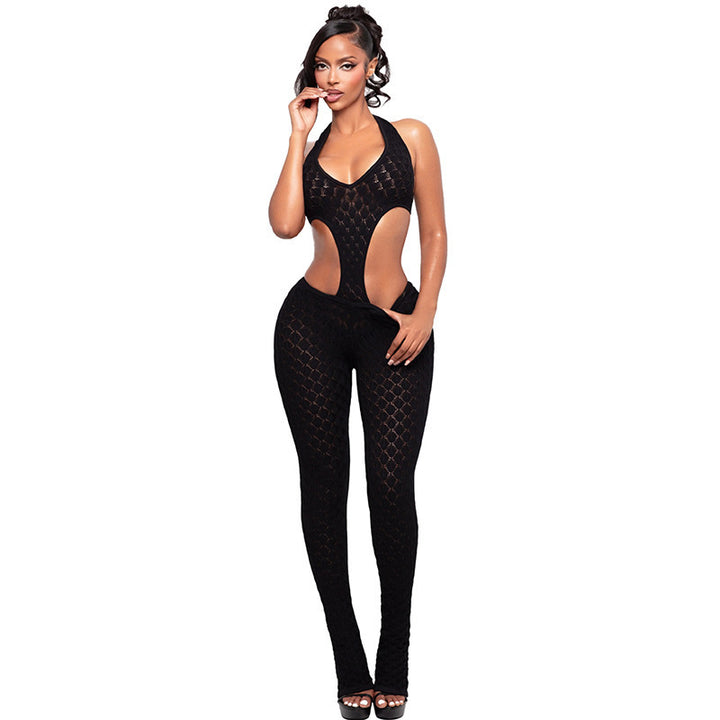Dame Cut-Out Bodycon Overall med dyp V-halsutskjæring og transparent heklestruktur Skjora