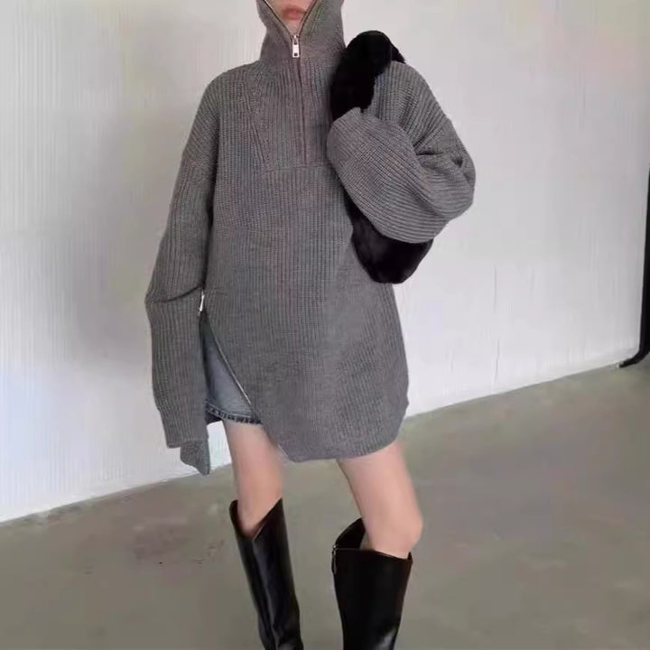 Kvinnes oversized strikkegenser med glidelås og sideslisser Skjora