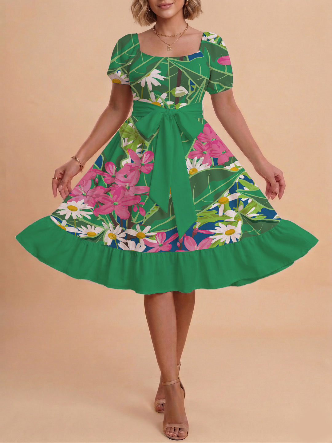 Damen modernes Blumenkleid mit elegantem Taillengürtel und asymmetrischem Saum Skjora