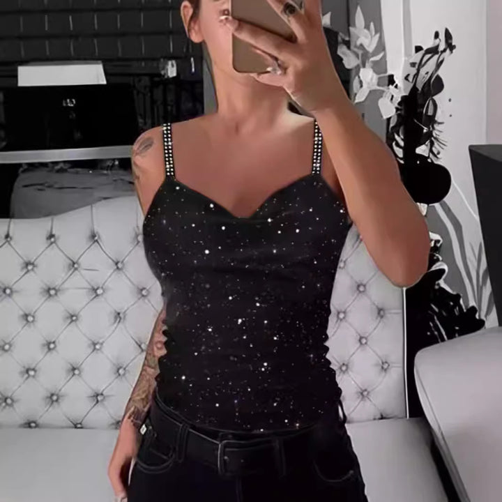 Damer Elegant Spagettistrop Top med Glitterdetaljer Skjora