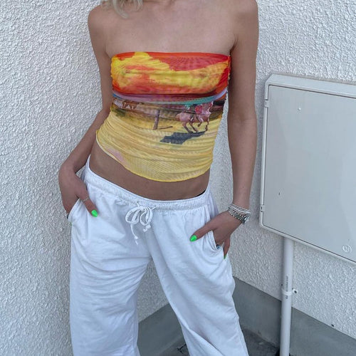 Dame bandeau-top med fargerik, kunstnerisk trykk og elastisk materiale Skjora